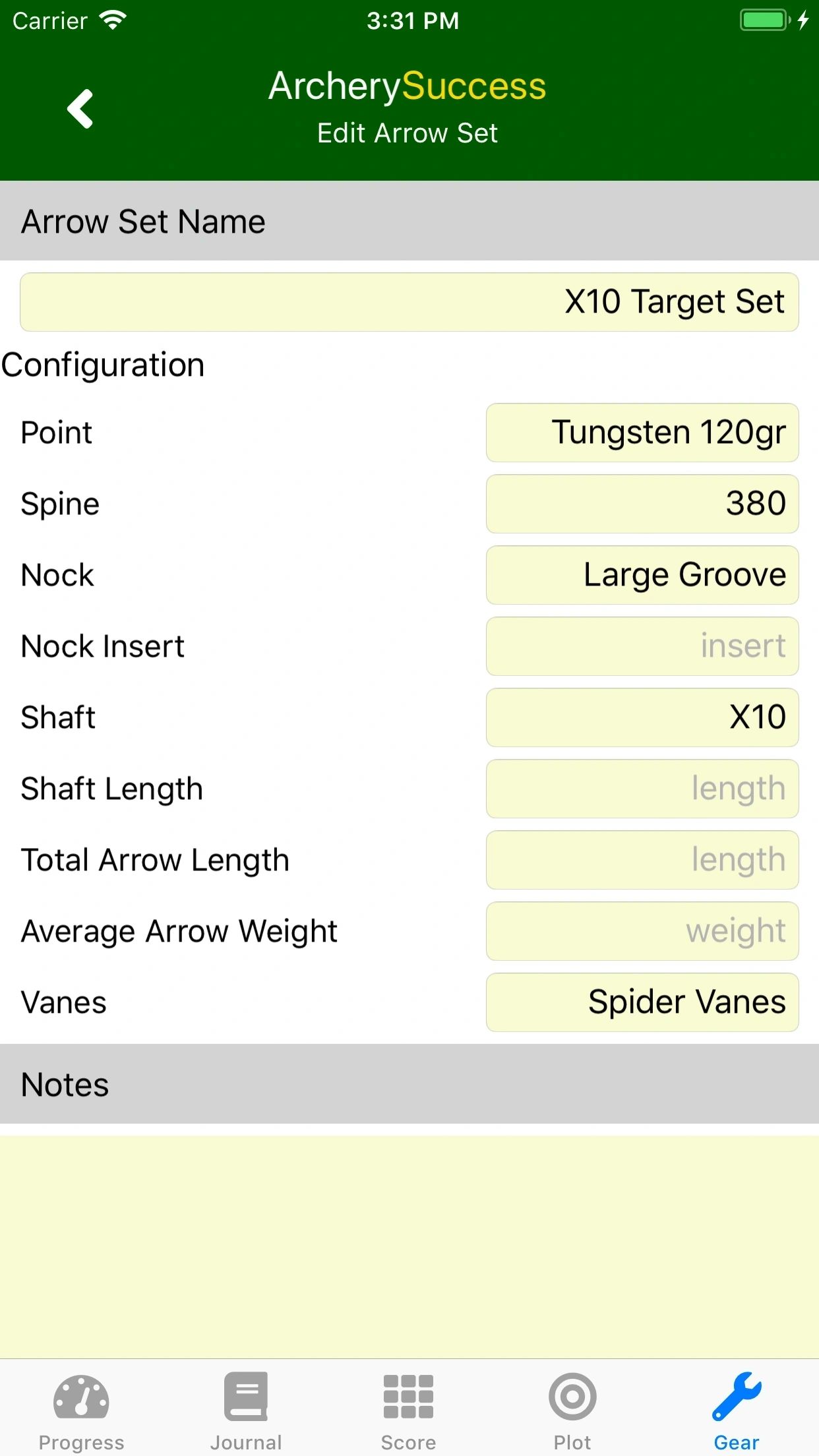 Edit Arrow Set Screen