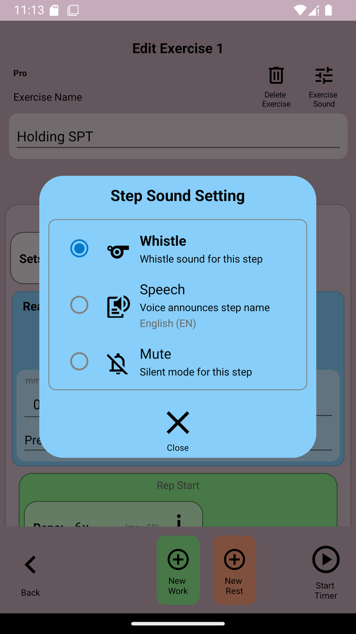 Edit timer exercise step sound