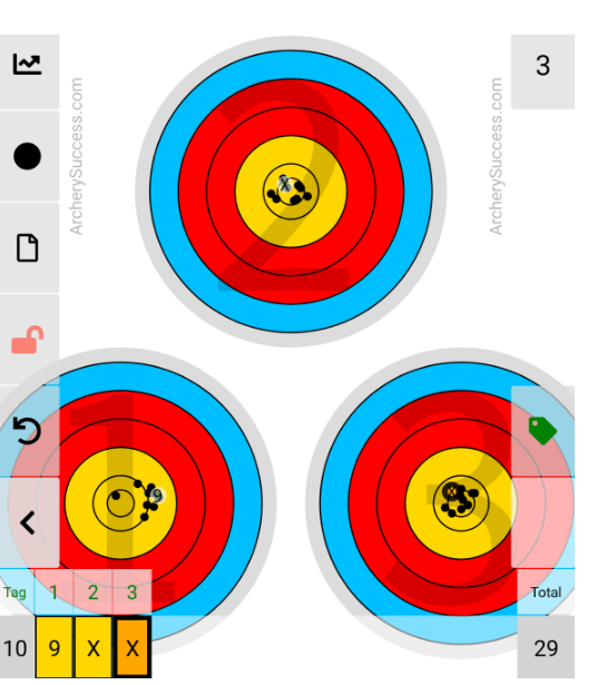 Arrow plot in ArcherySuccess showing tagged arrows; assigned arrow numbers appear in green above each arrow's score on the bottom row