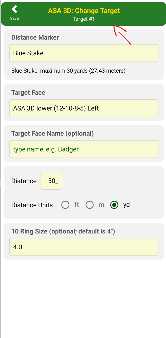 Change Target options page for an ASA 3D round, with fields for Distance Marker, Target Face, Distance, and 10 Ring Size