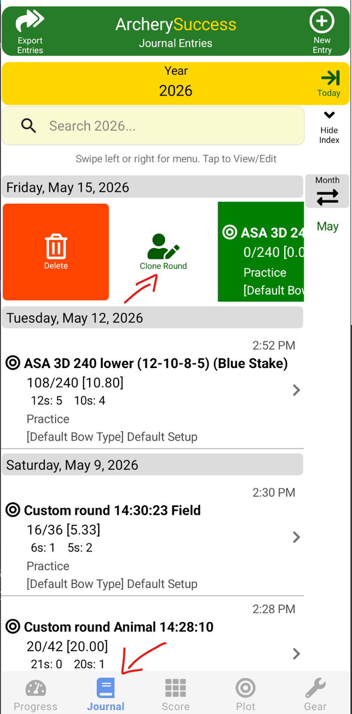 Swiping right on a Journal round entry reveals the Clone Round button