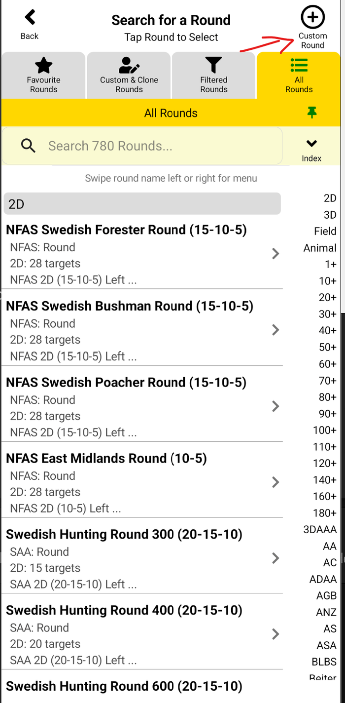 Custom Round button on the Search for a Round page, top right