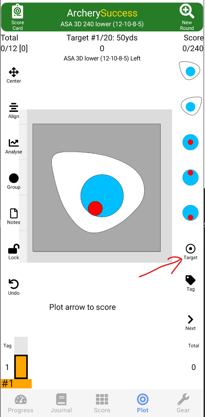Target button on the Plot page, lower right of the tab bar