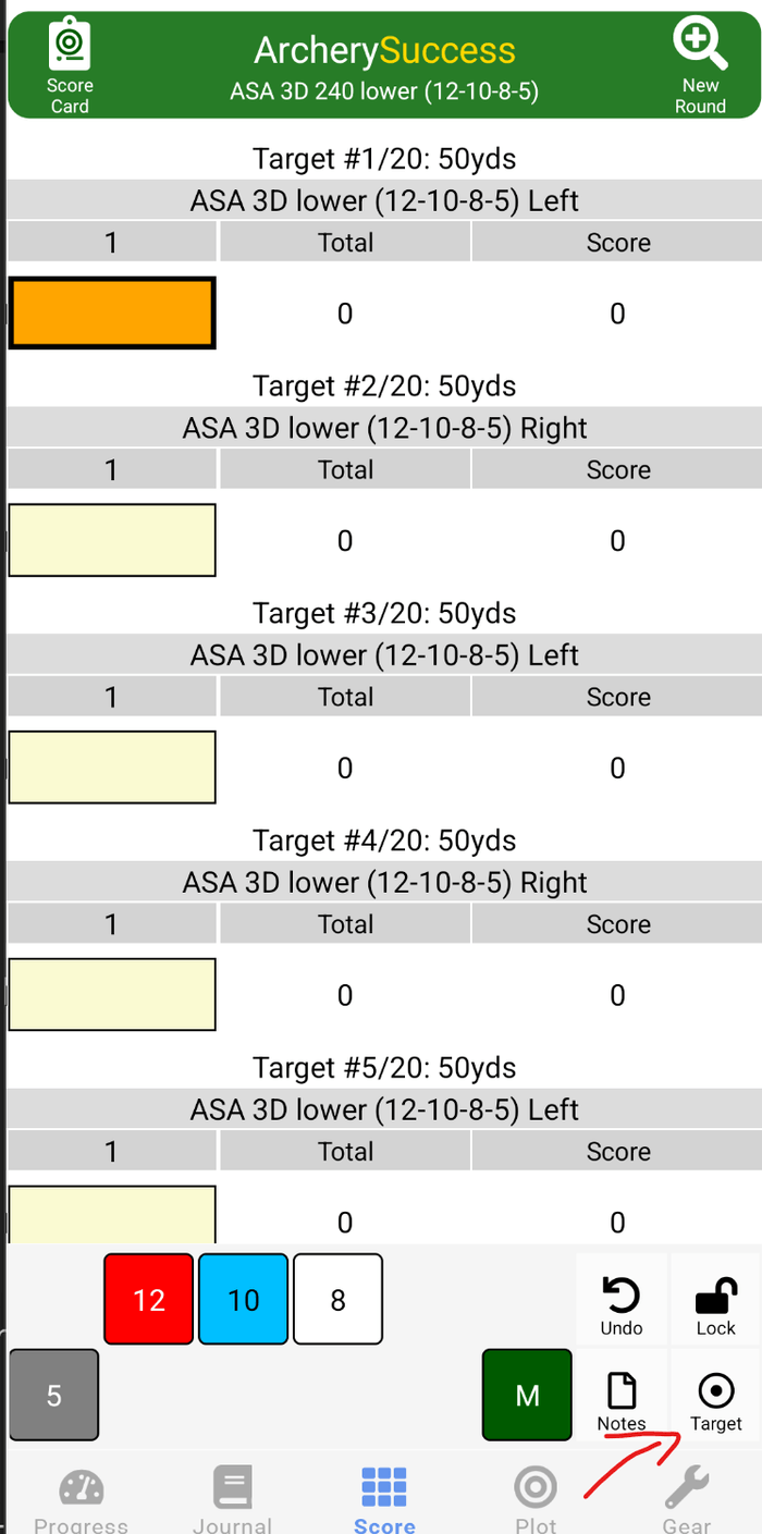 Target button on the Score page, lower right of the tab bar