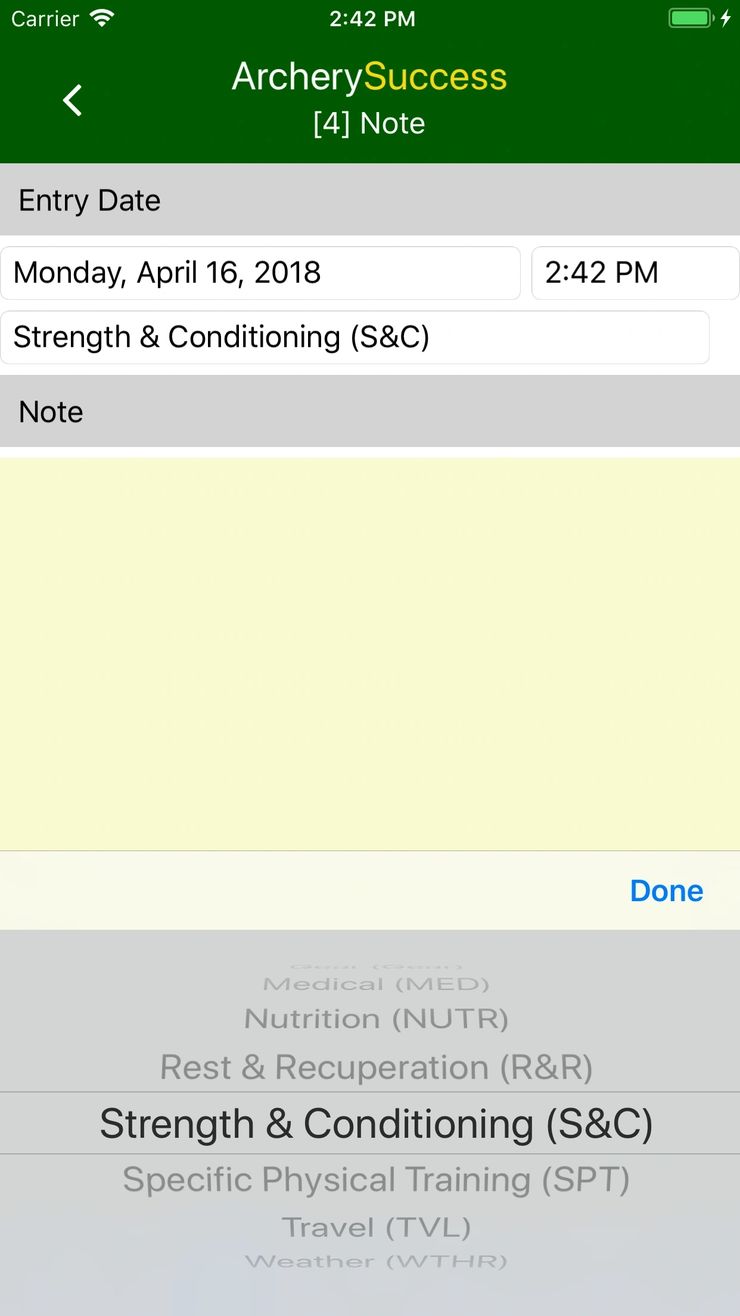 Note screen showing activity types