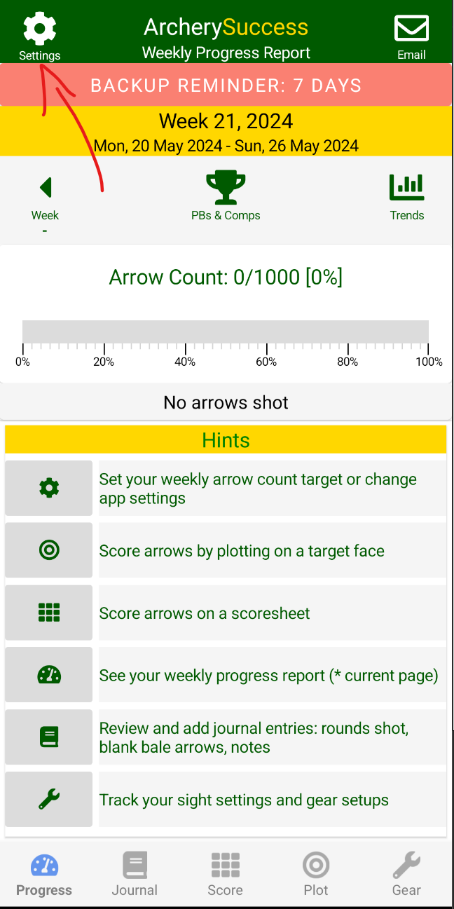 Tap Settings icon on Progress page
