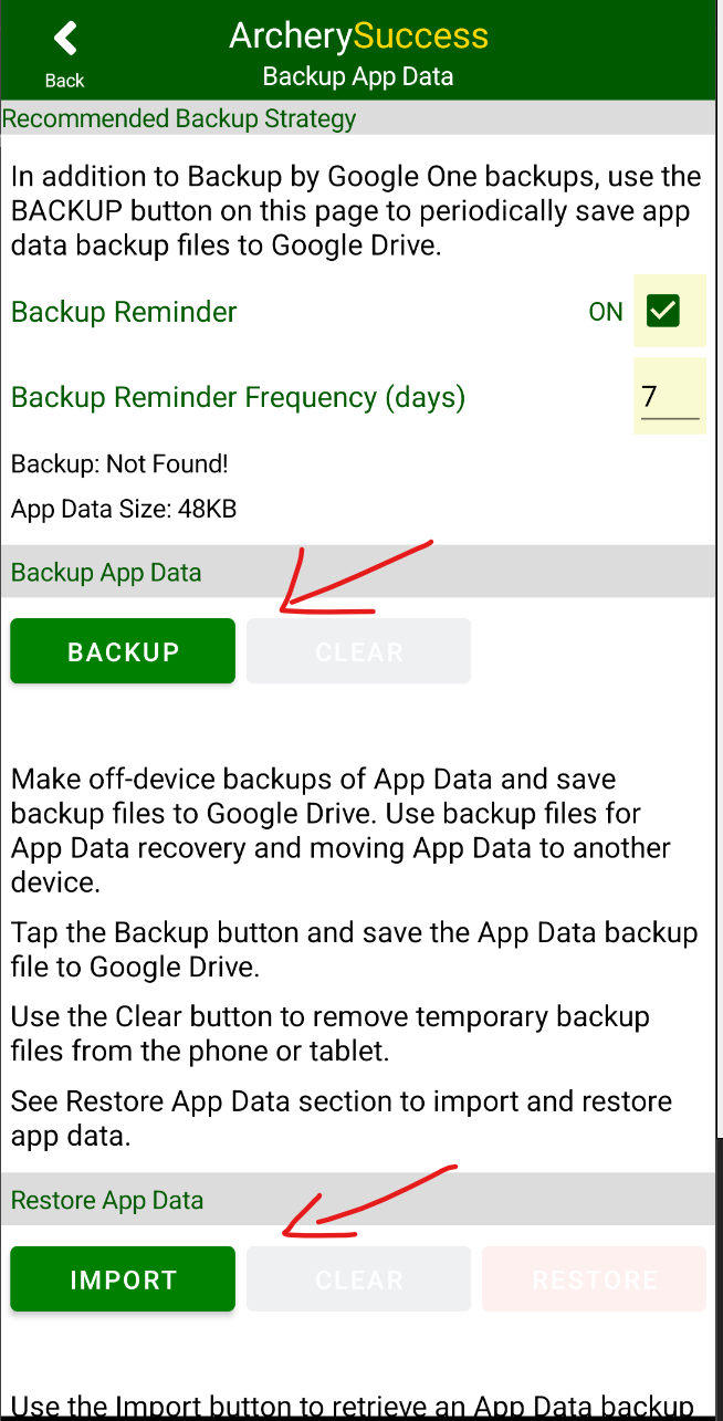 Backup App Data page with Backup and Import buttons